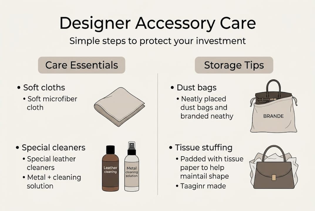 Infographic showing designer accessory care essentials