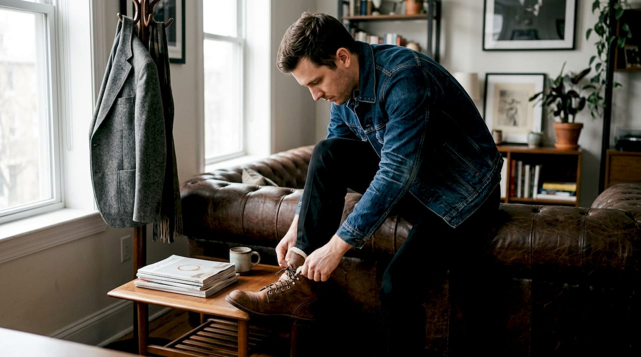 Man adjusting shearling boots in textured outfit