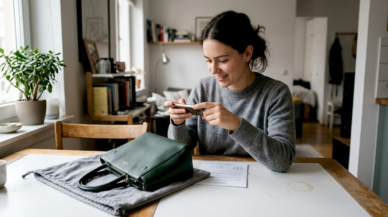 Woman authenticating luxury handbag for resale