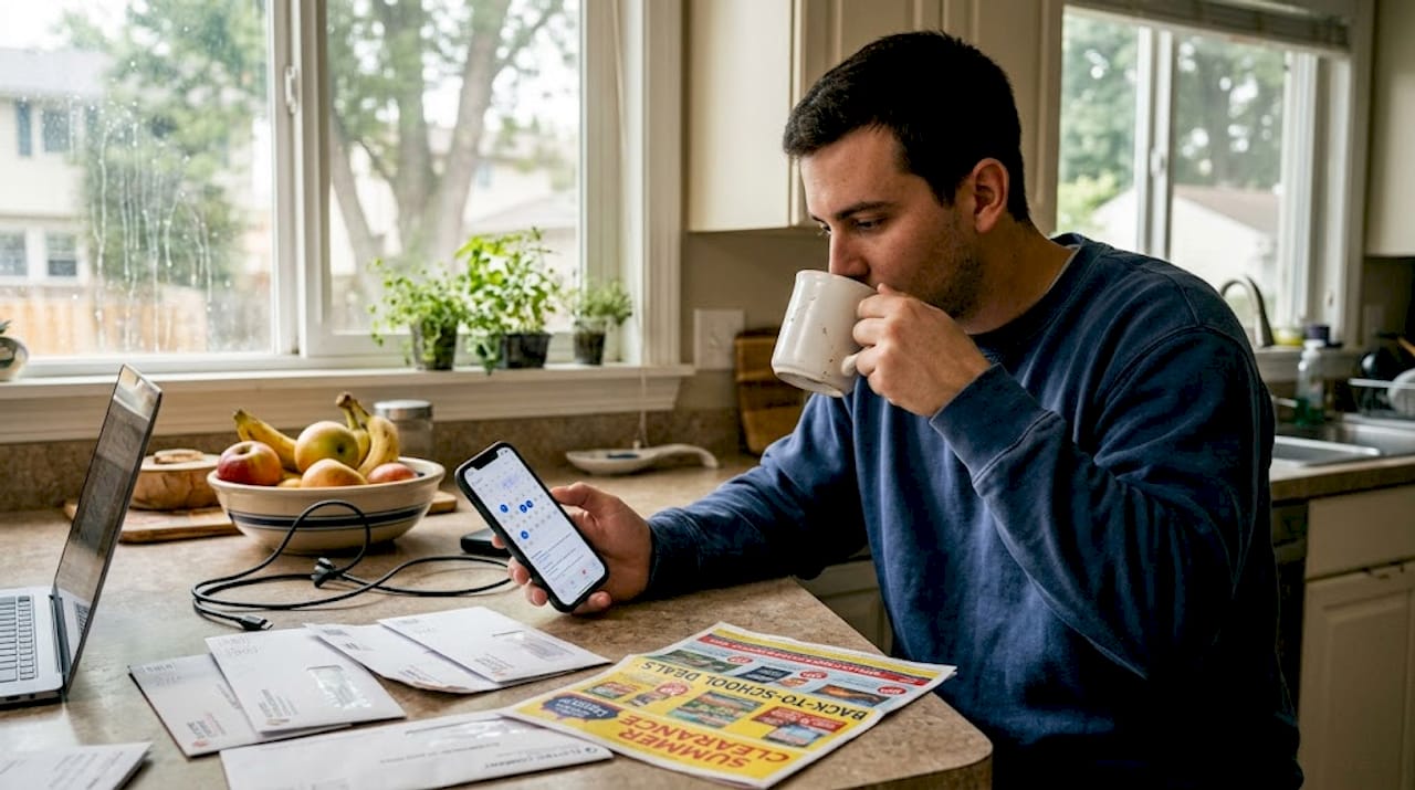 Man checks seasonal sale calendar at kitchen counter