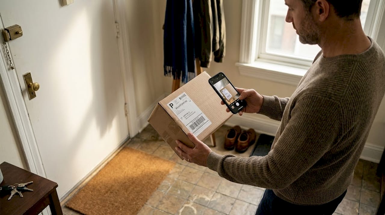 Man photographing delivered luxury package