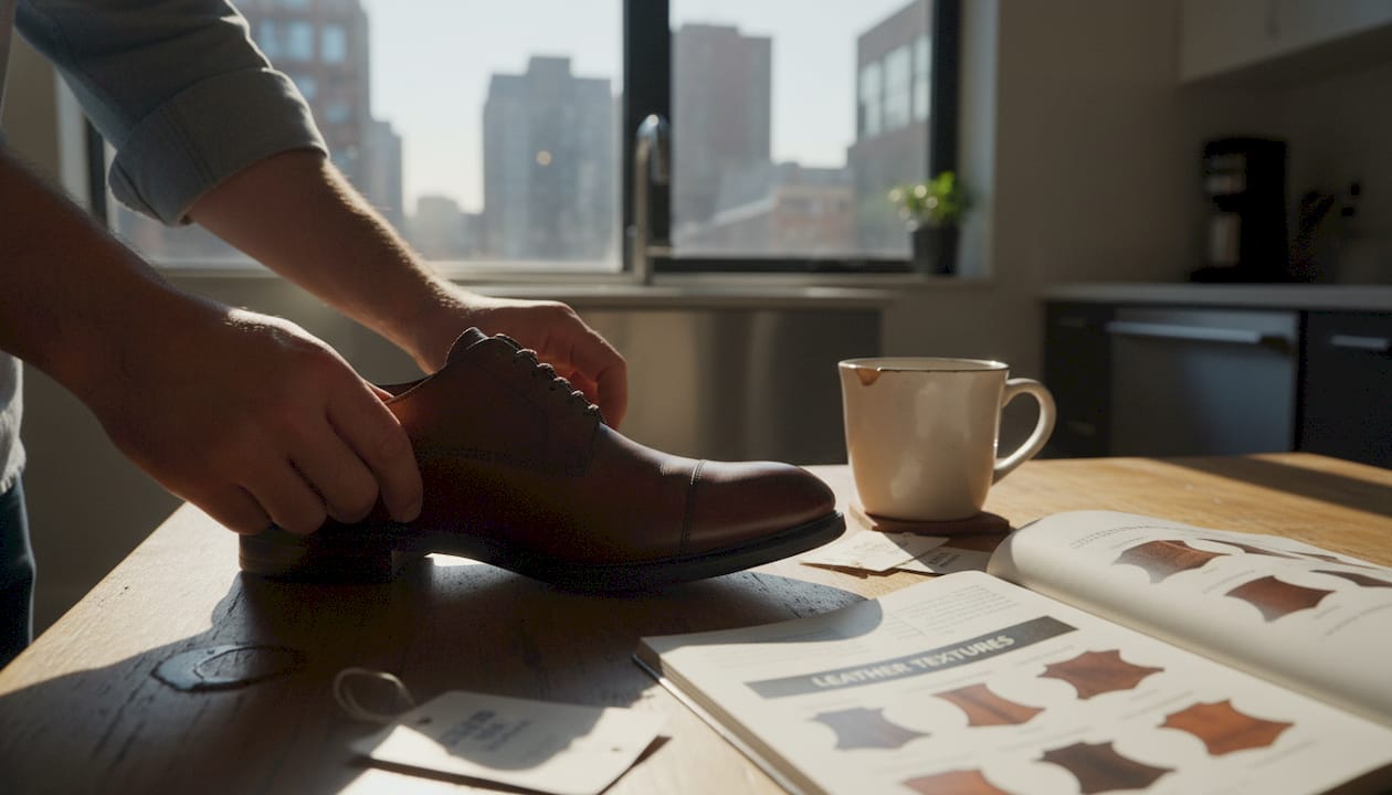 Hands flexing toe of luxury leather shoe