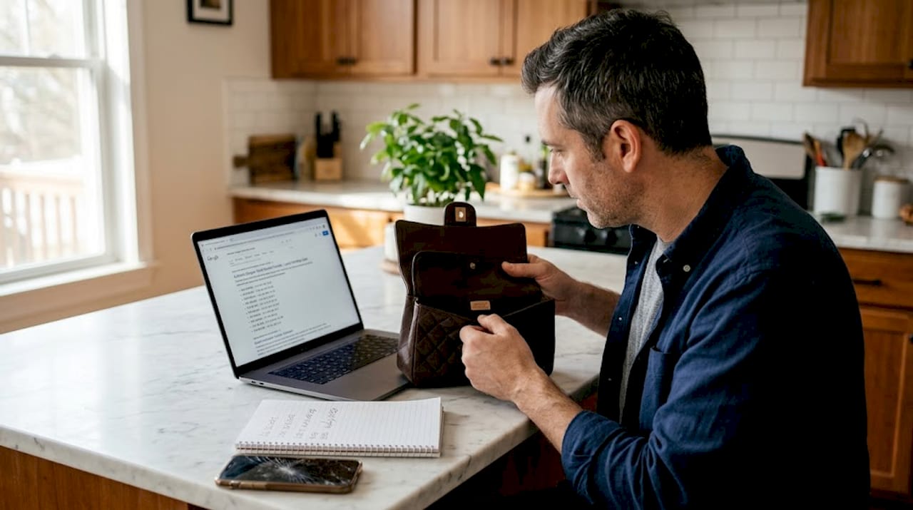 Man checking purse serial number online