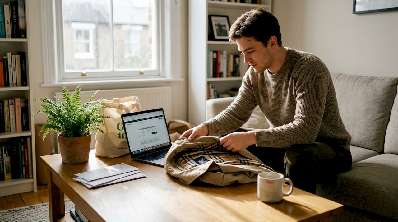 Man folding luxury coat for resale at home