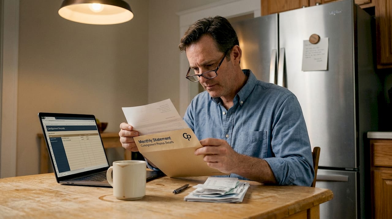 Man reviewing consignment payout statement at kitchen table