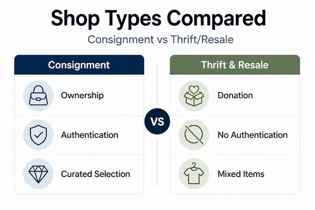 Infographic comparing consignment, thrift, and resale shop features