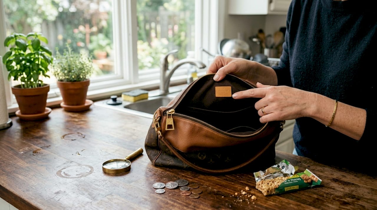 Hands inspecting quality craftsmanship inside designer bag