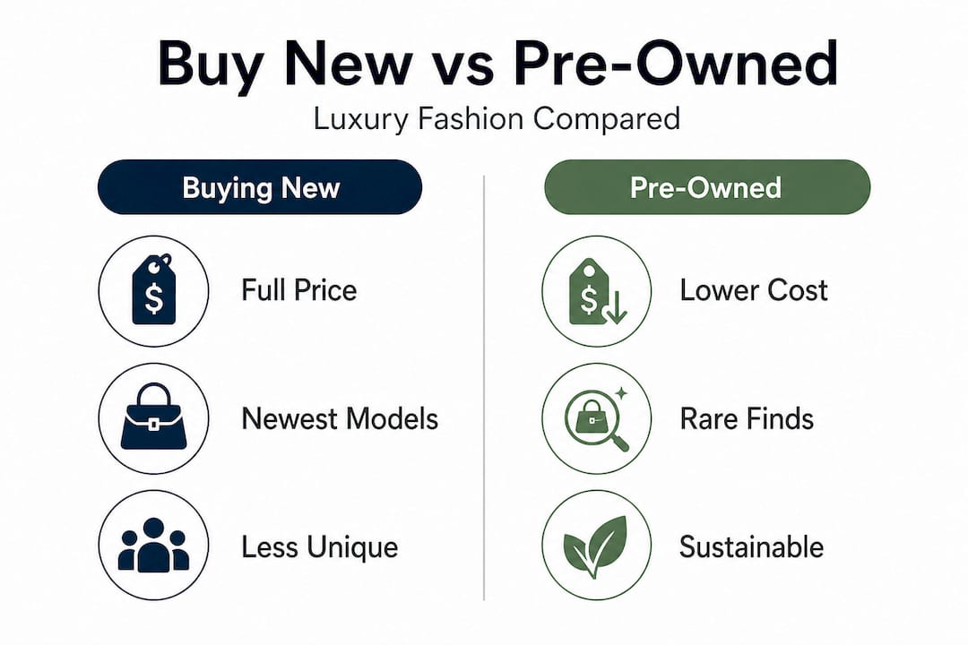 Infographic comparing new versus pre-owned designer fashion