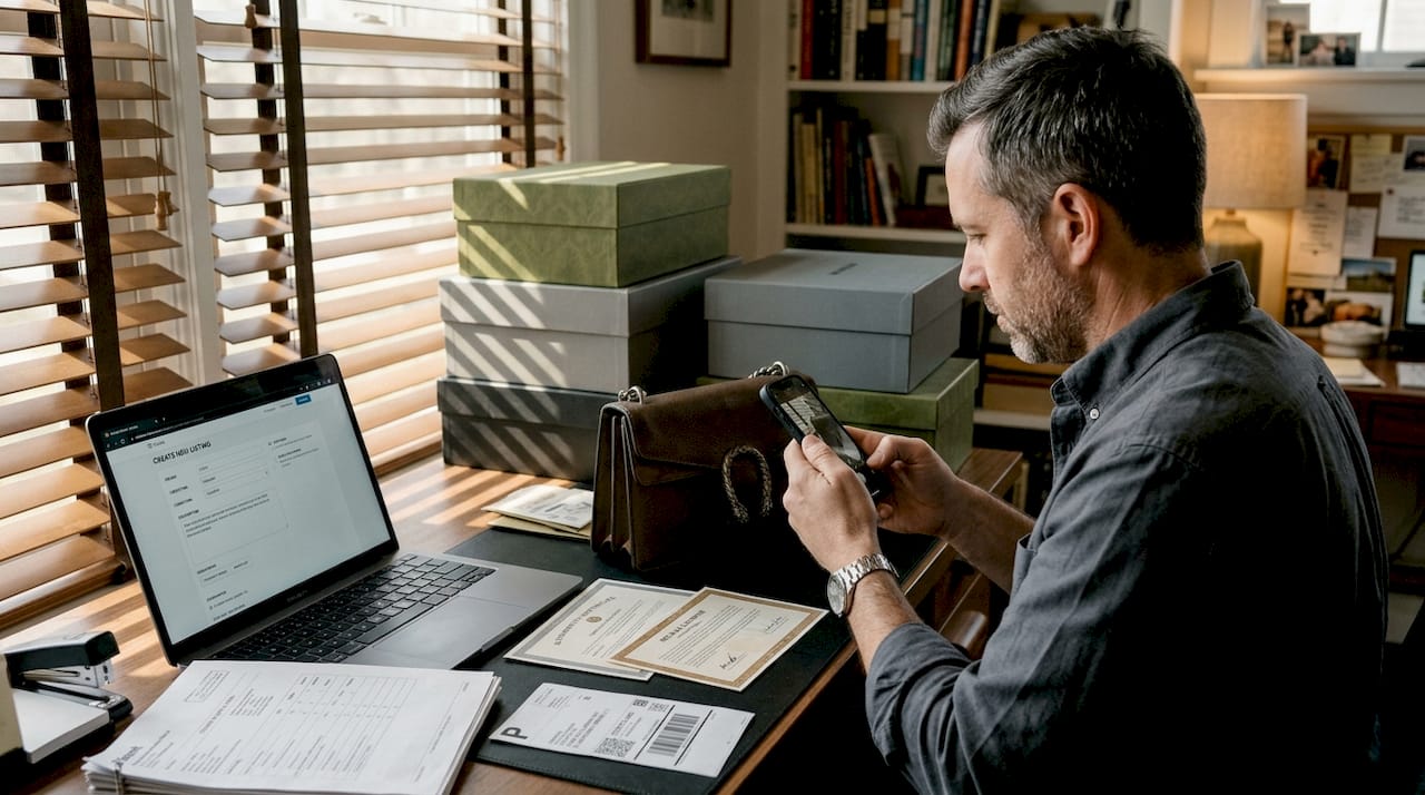 Man photographing bag for luxury resale listing