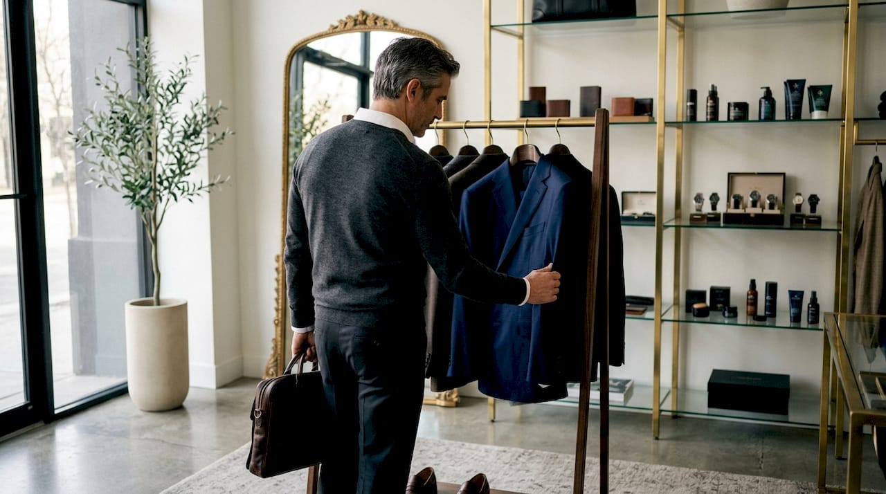 Man evaluating designer blazer in boutique