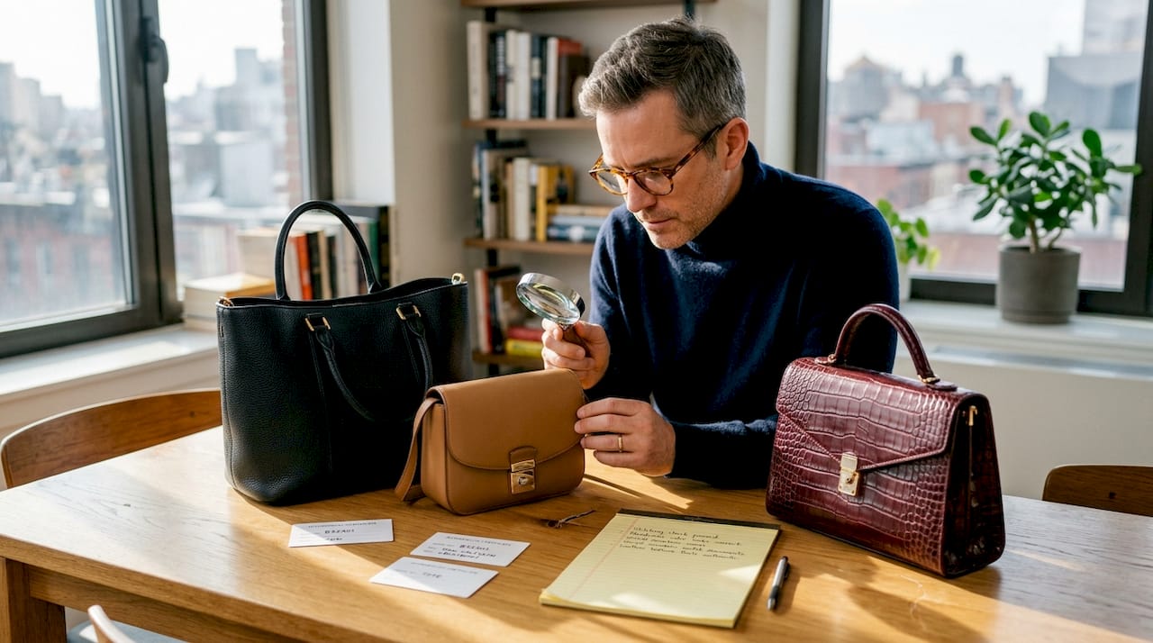 Man examining designer handbags with documents