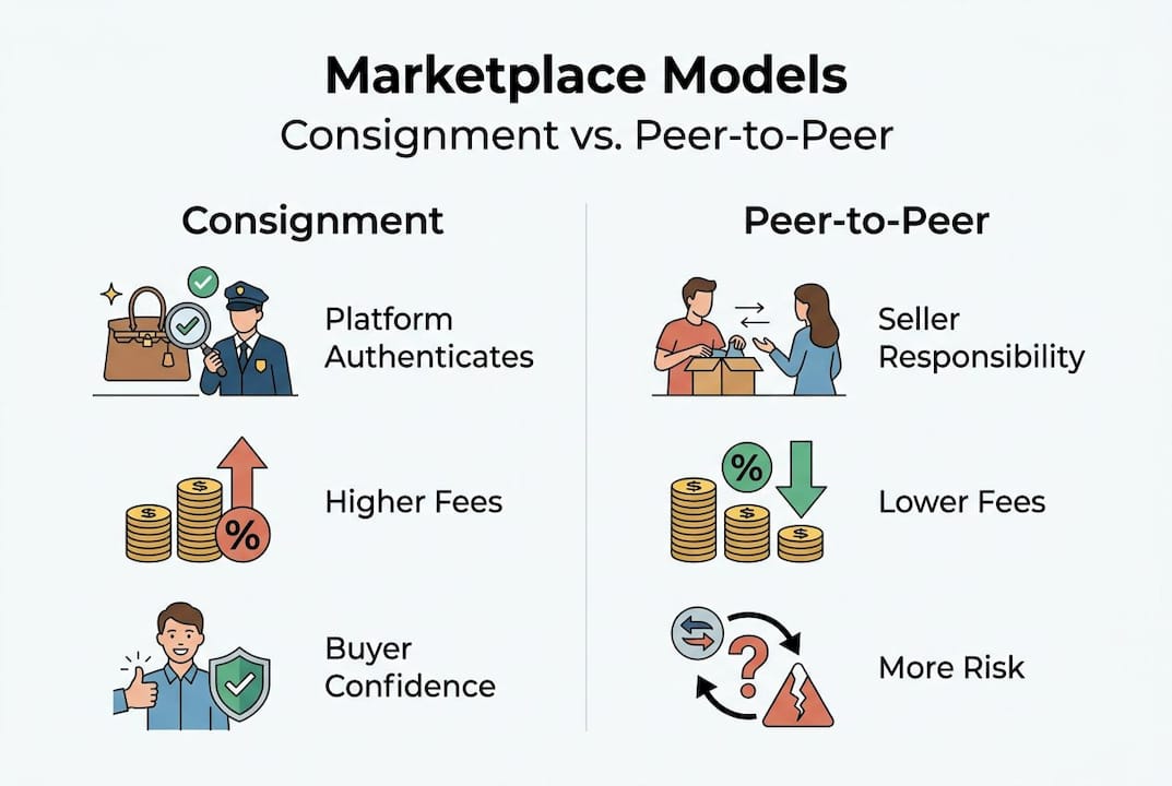 Infographic comparing consignment and peer-to-peer models