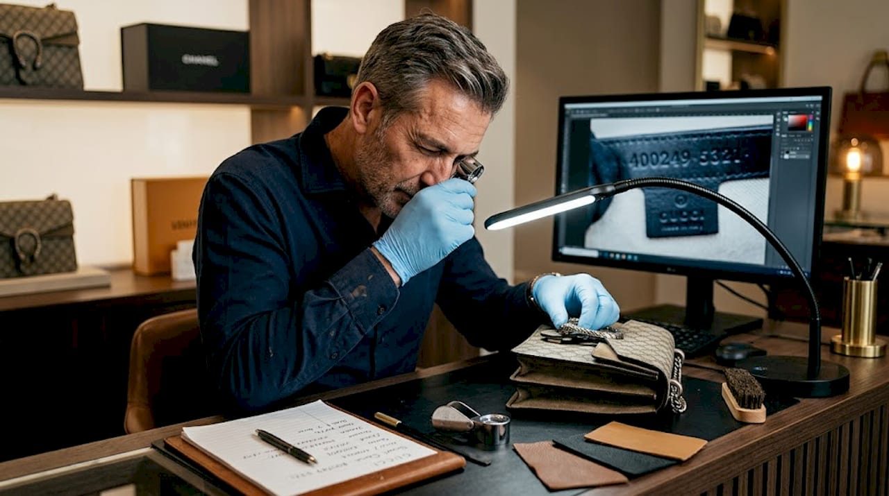 Expert inspecting luxury handbag authenticity in workspace