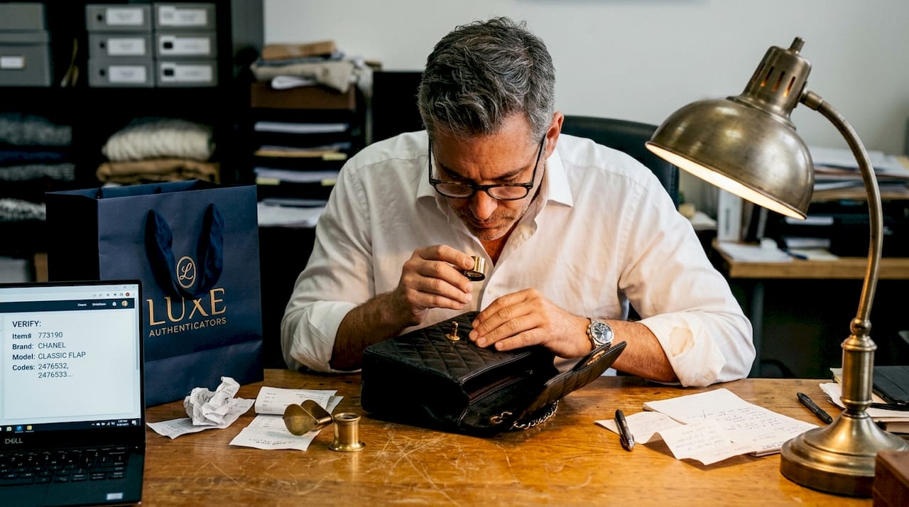 Authenticator checking designer handbag in office