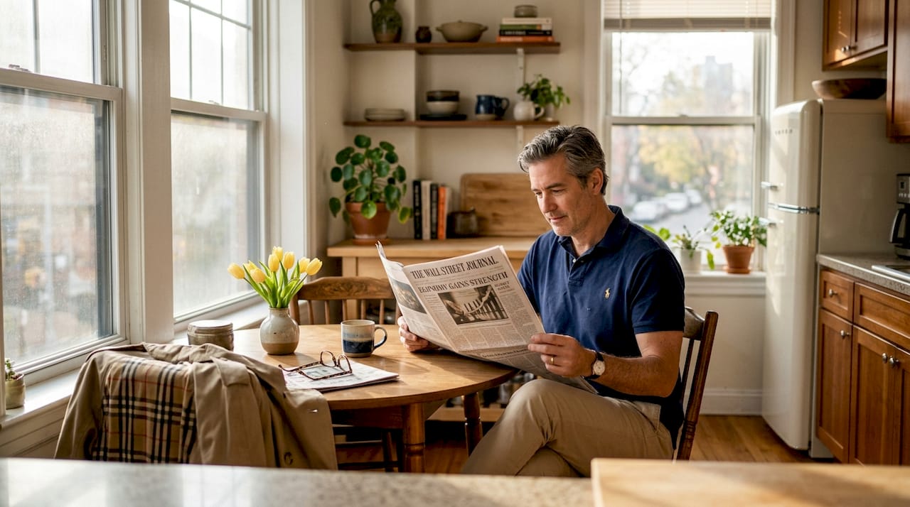 Man in Ralph Lauren polo reading newspaper