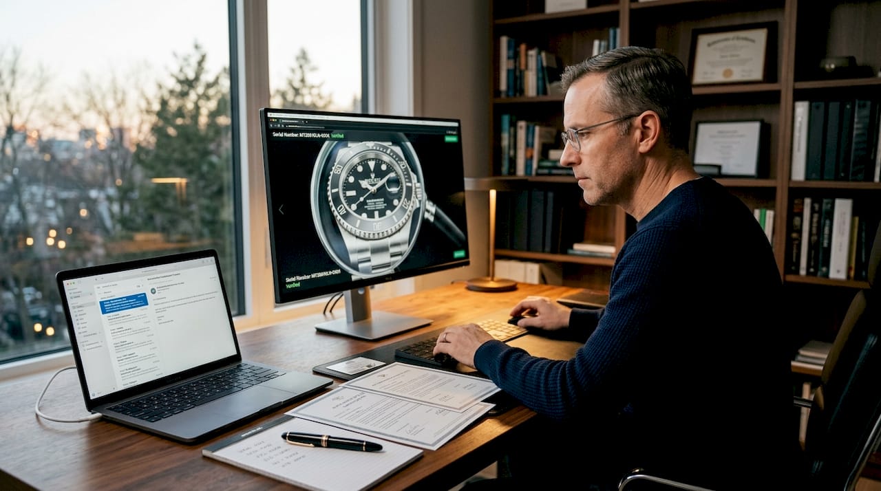 IT analyst verifying luxury watch serial number