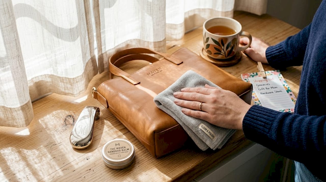 Hands caring for luxury leather handbag