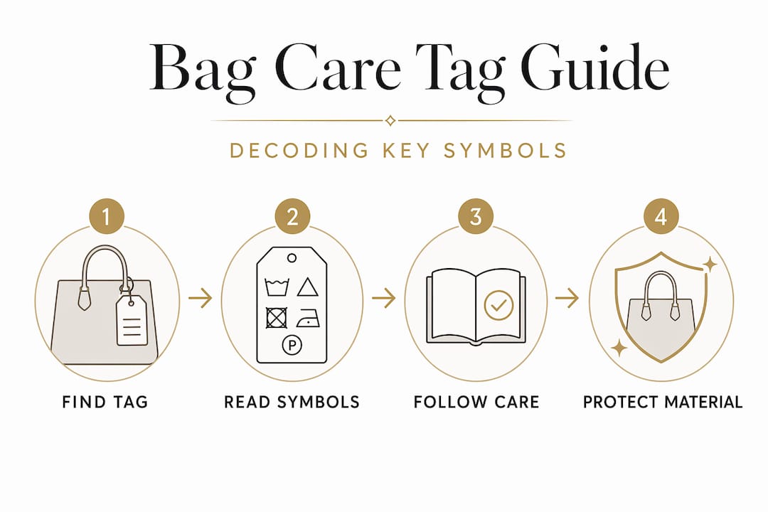 Infographic showing steps for reading bag care tags