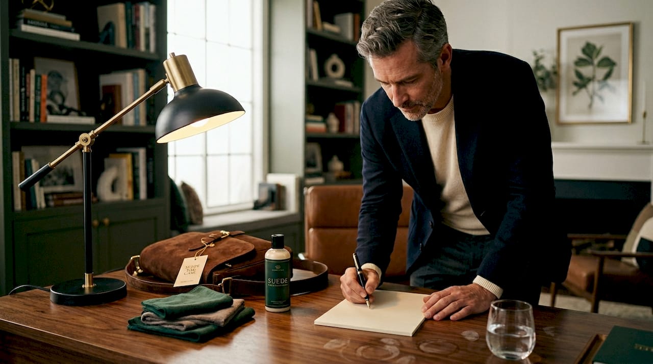 Man writing bag care tips at console table