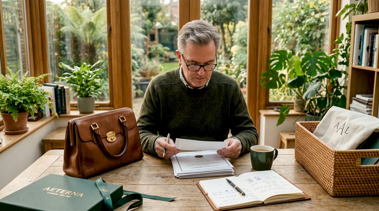 Man organizing luxury bag authentication paperwork