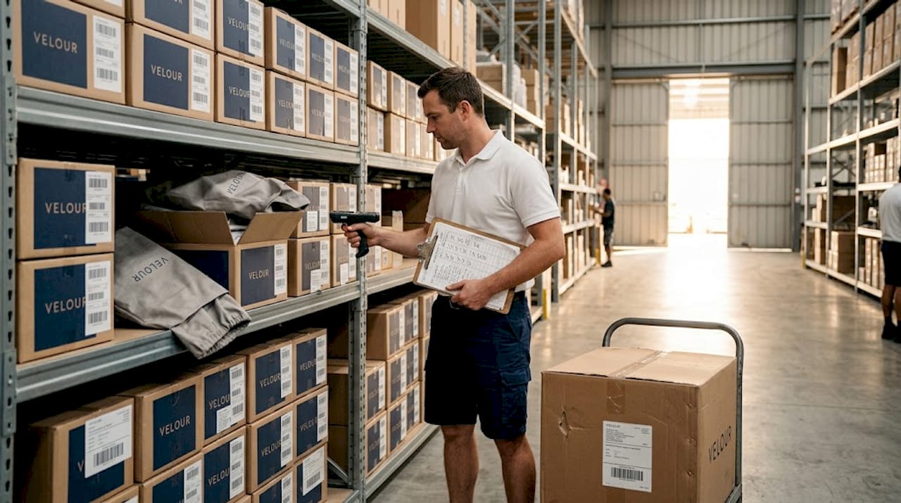 Worker handling designer bags in warehouse