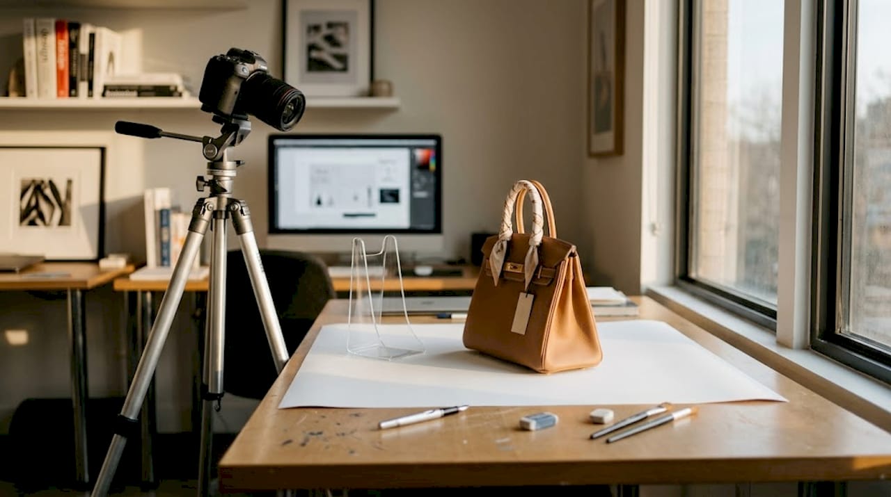 Handbag on white seamless with tripod and stand