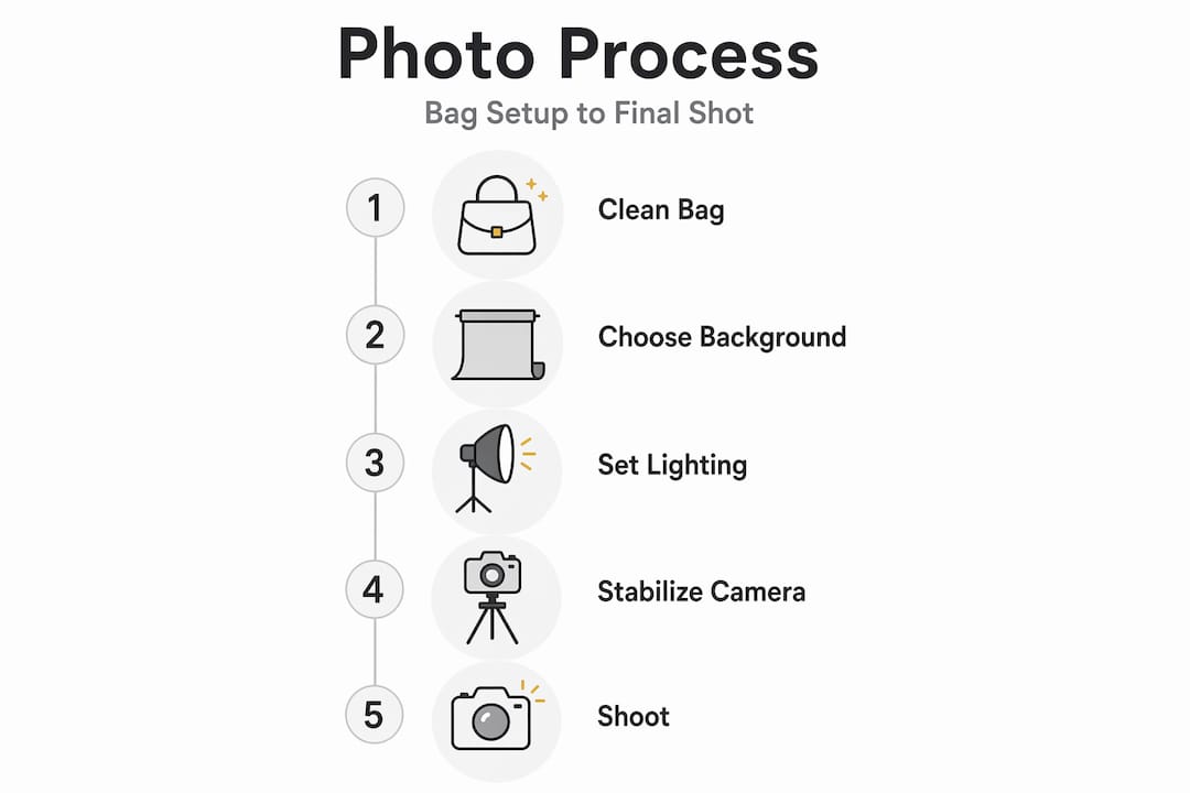 Infographic visualizing handbag photo process steps