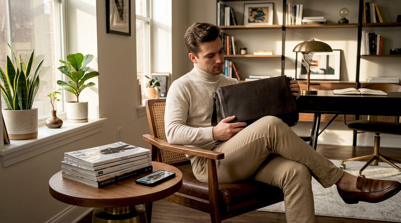 Man styling leather bag with classic outfit