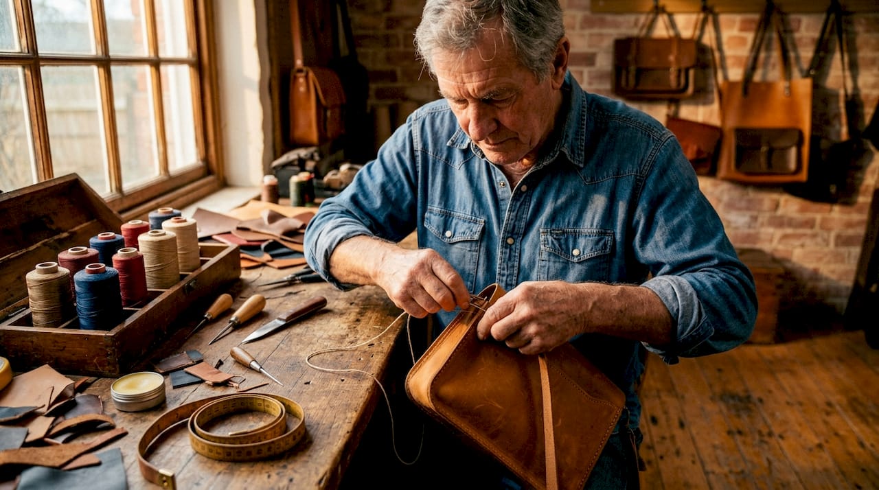 Artisan handcrafting leather luxury handbag