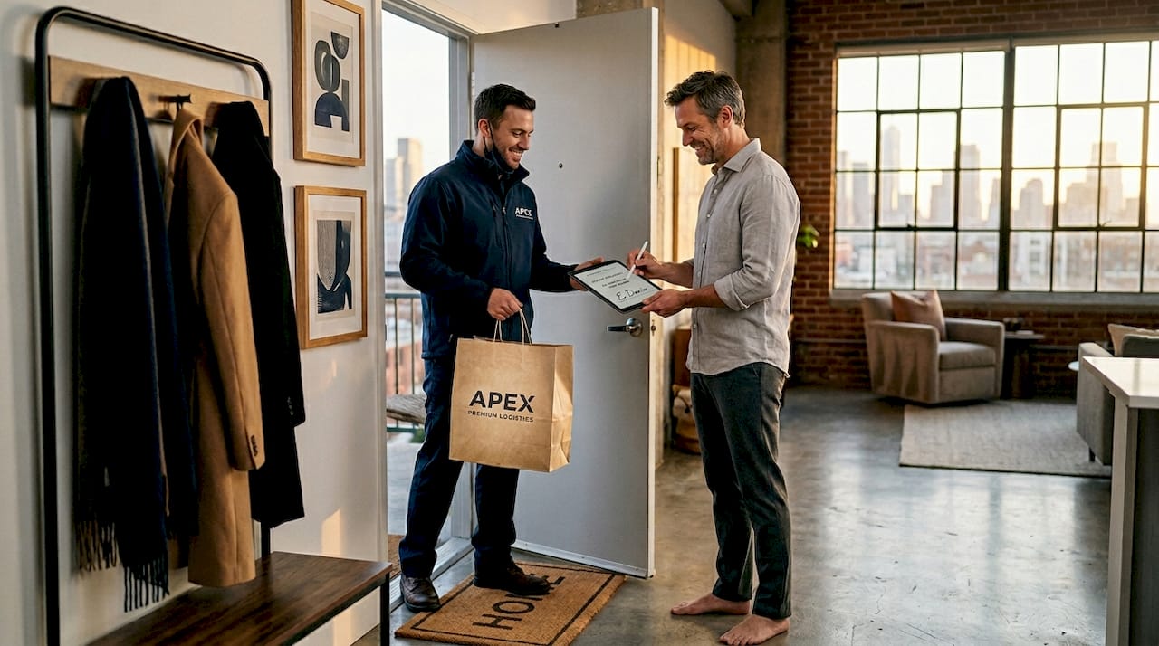 Luxury delivery specialist at apartment door