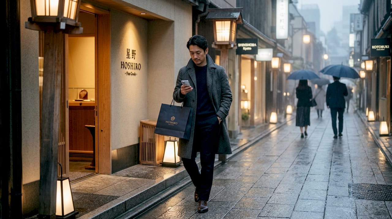 Shopper exits luxury store in busy Tokyo street