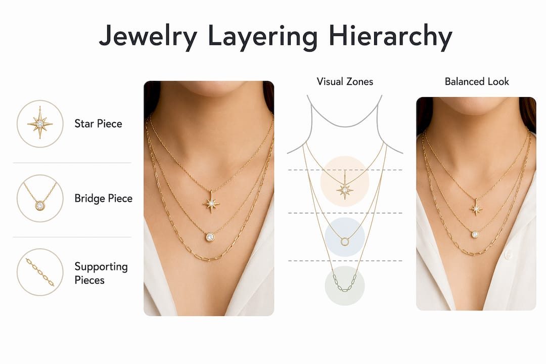Infographic illustrating jewelry layering hierarchy with pyramid layout