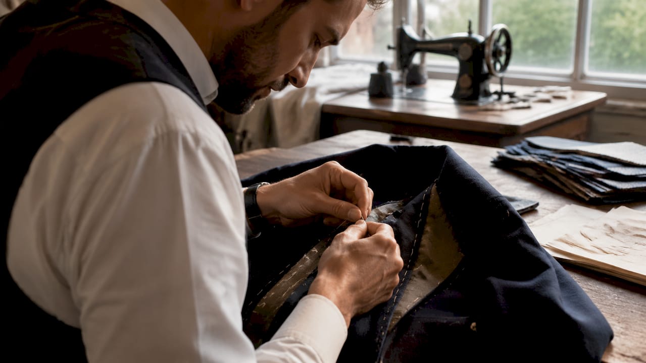 Close-up of artisan sewing designer jacket seam