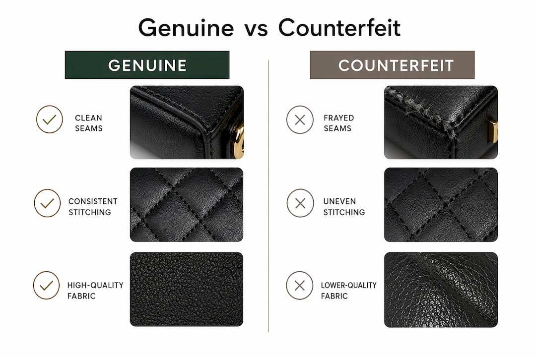 Infographic comparing genuine and counterfeit apparel quality