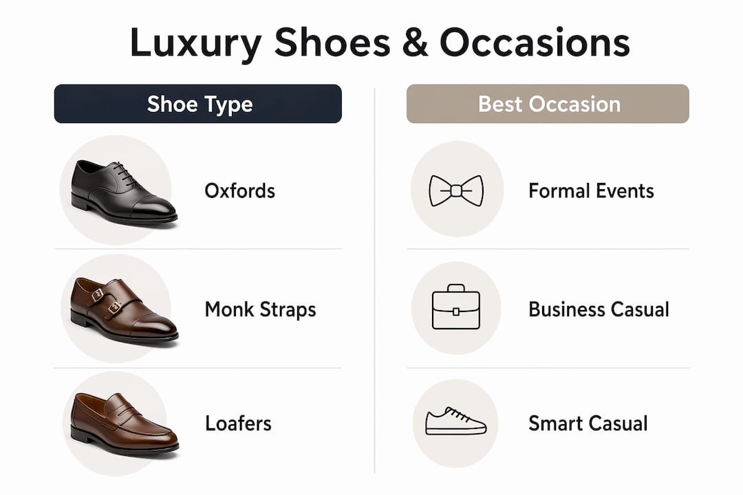 Infographic showing luxury shoe types matching occasions