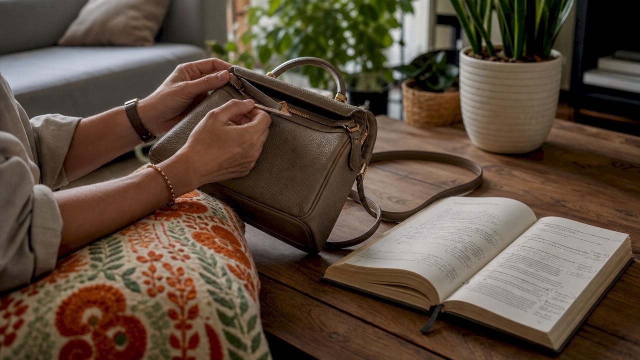 Hands inspecting designer handbag serial number