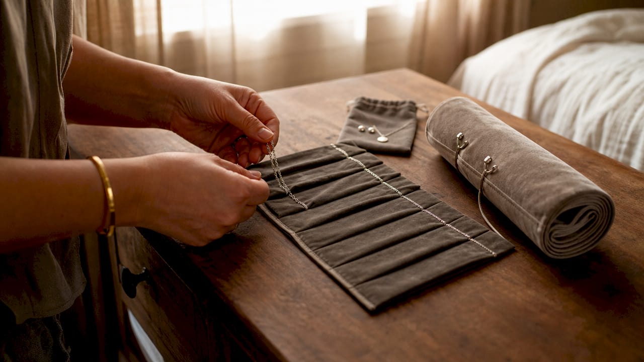Hands organizing fine jewelry in velvet sleeves