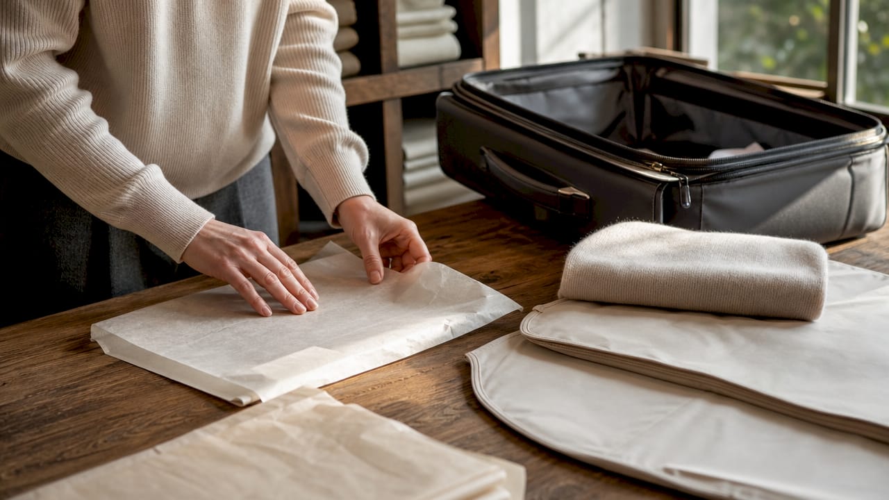 Hands preparing luxury apparel packing materials