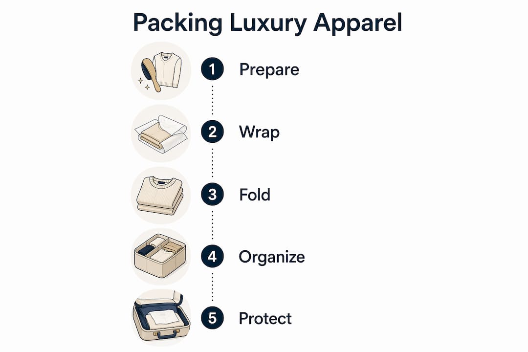 Infographic showing steps for packing luxury apparel