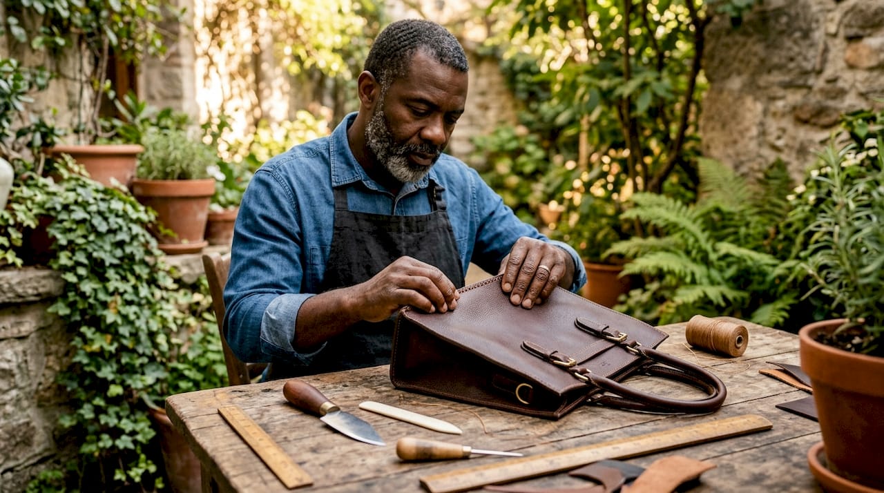 Hands examining luxury handbag craftsmanship