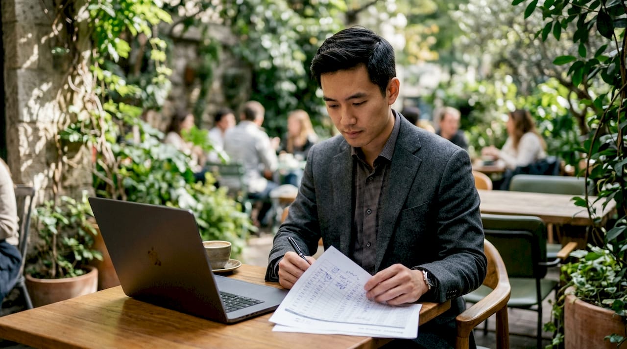 Man reviewing luxury brand pricing documents at desk
