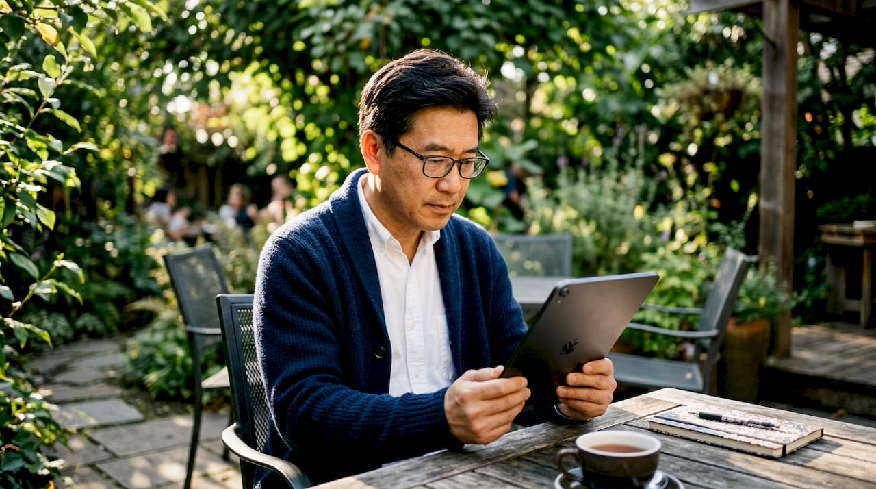Man interacting with AI shopping assistant at home
