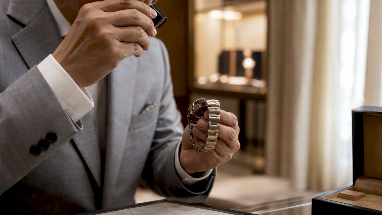 Hands inspecting luxury watch serial number