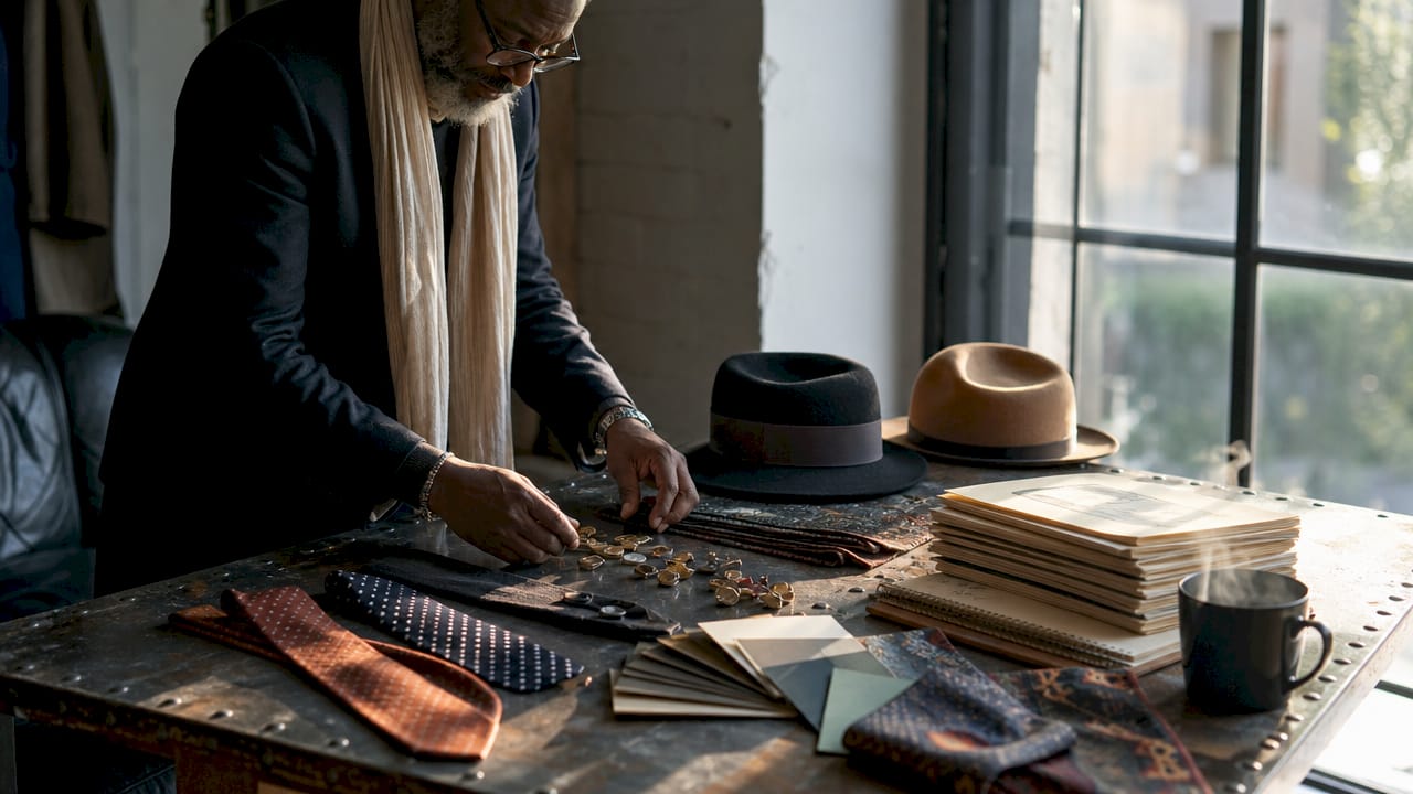 Hands organizing fashion accessories on table