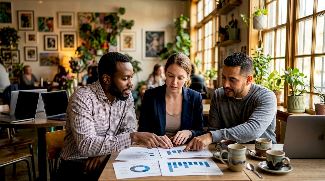 Team discussing global luxury pricing charts