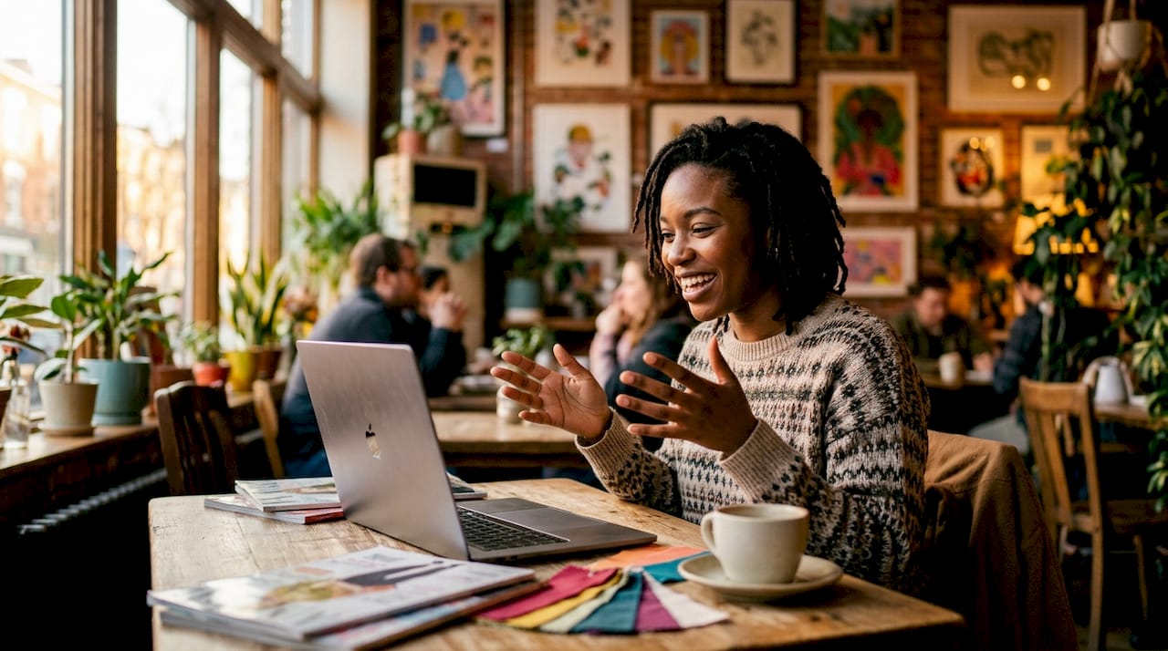 Woman engaged in virtual personal styling session at home