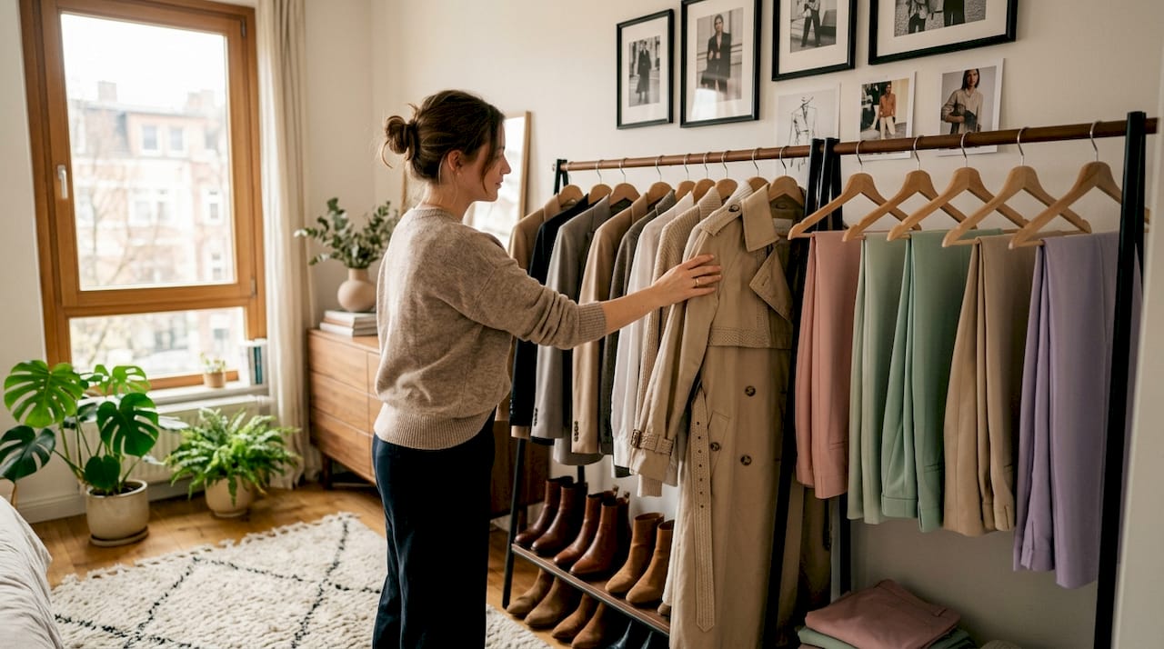 Hand selecting a leather coat from wardrobe rack