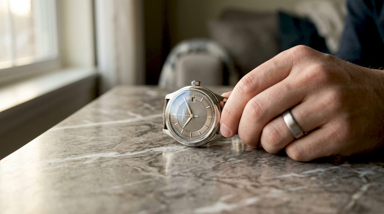 Close-up of luxury watch dial and case