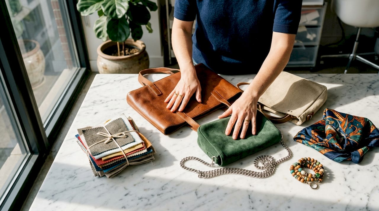 Hands comparing handbag and accessory textures