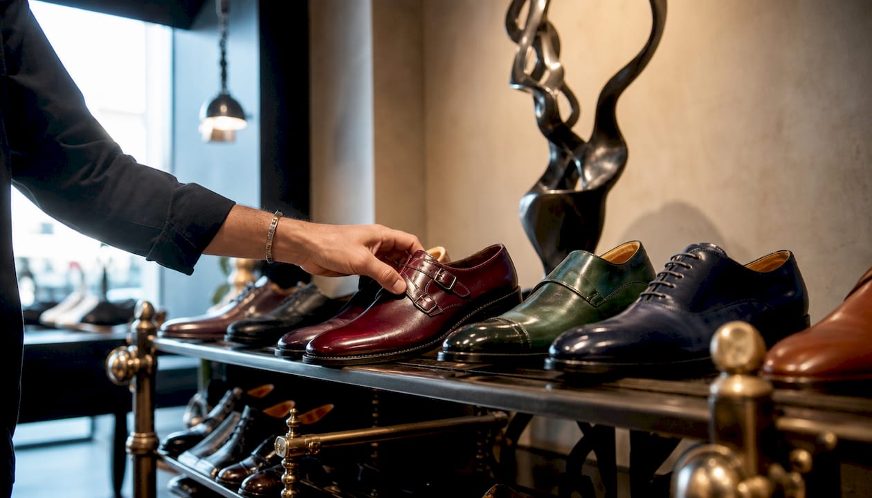 Close-up hand choosing neutral luxury shoes on rack
